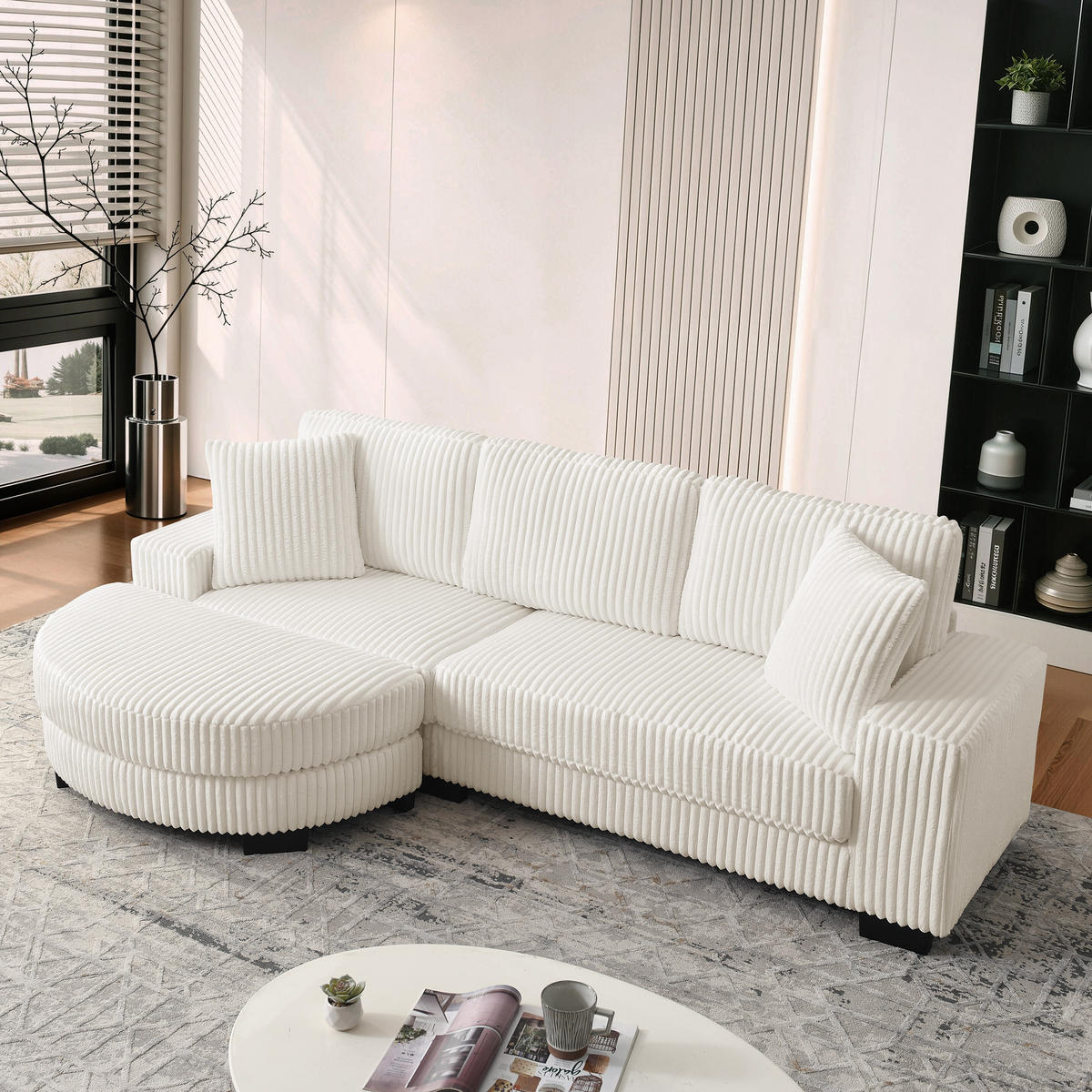 4-SITZER ECKSOFA Cord Beige mit Hocker und Kissen - Beige, Holzwerkstoff/Kunststoff (256.5/133.5cm) - WISHDOR