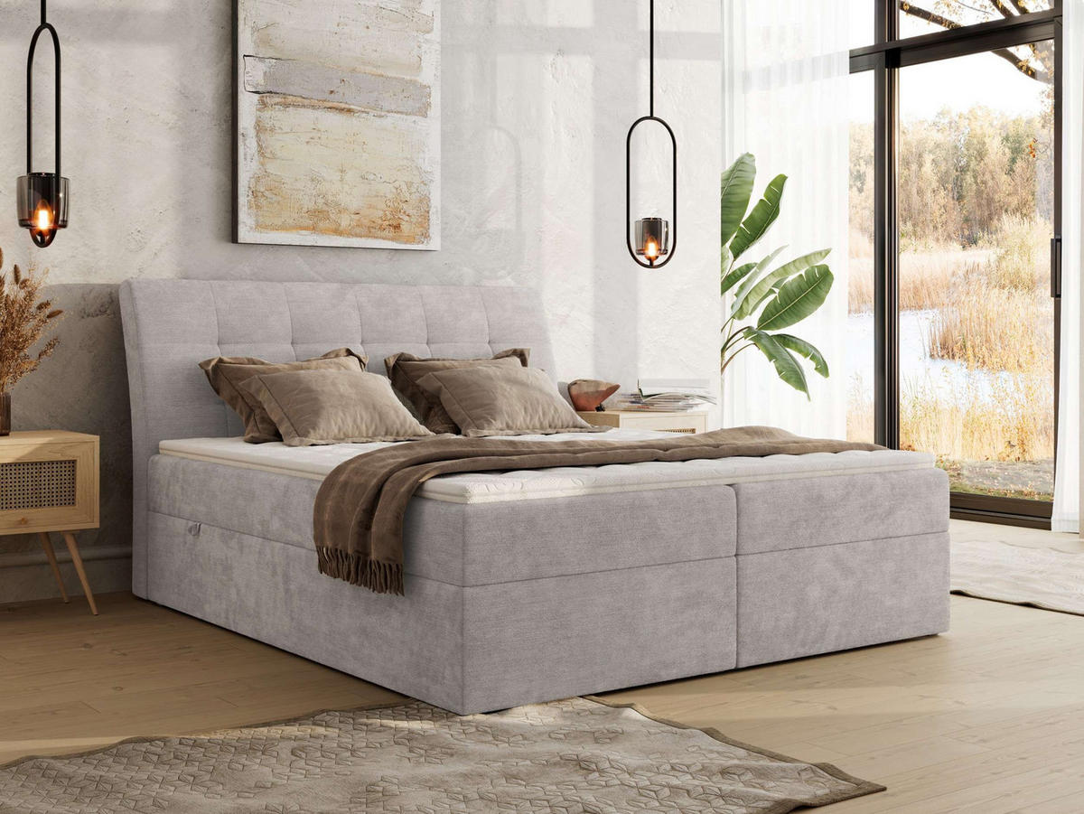 BOXBETT DAGOS 120/200 - Hellgrau Schenille glatt - H4 - Topper T25 - Hellgrau, Textil (120/200cm) - MKS