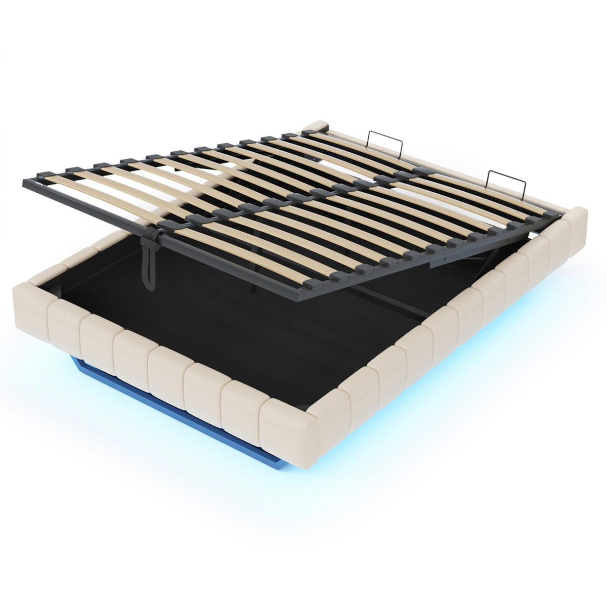 POLSTERBETT 140x200 cm mit Bettkasten, Doppelbett 140x200 cm mit LED, Stauraumbett mit Hydraulik, Beige Leinenstoff - Beige, Holz/Metall (140/200cm) - GENKI LIVING