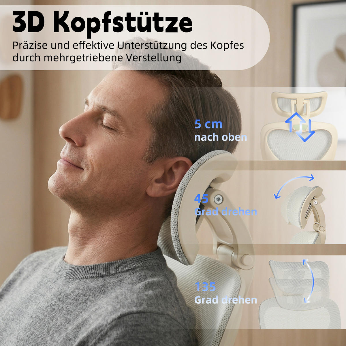 DREHSTUHL DE-40943 mit klappbarer Rückenlehne und 3D-Kopfstütze Grau - Grau, Metall (62/129/48.5cm) - ComfortXL