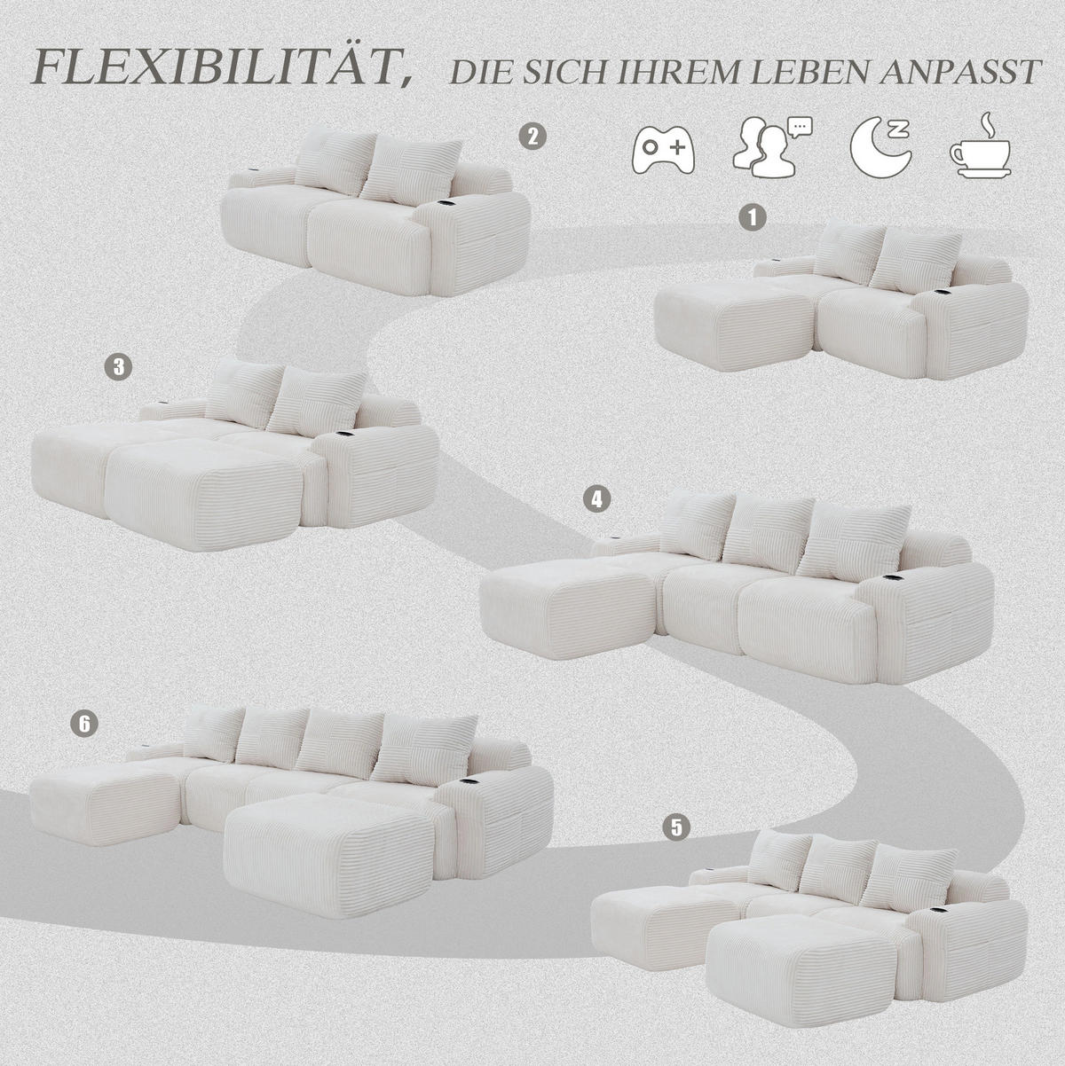 WOHNLANDSCHAFT Cord 4-Sitzer mit 2 Hockern und Getränkehalter 333/174/80 cm Beige - Beige, Textil (174/80/333cm) - Redom