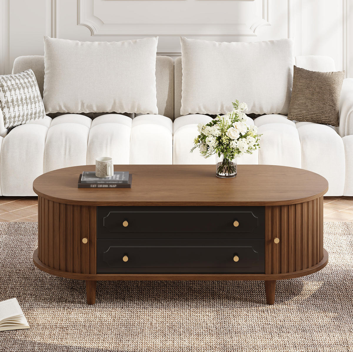 COUCHTISCH aus Spanplatte 100x50x36 cm in Walnuss-Schwarz mit 2 Schubladen - Walnussfarben, Holzwerkstoff (100/50/36cm) - Modfu