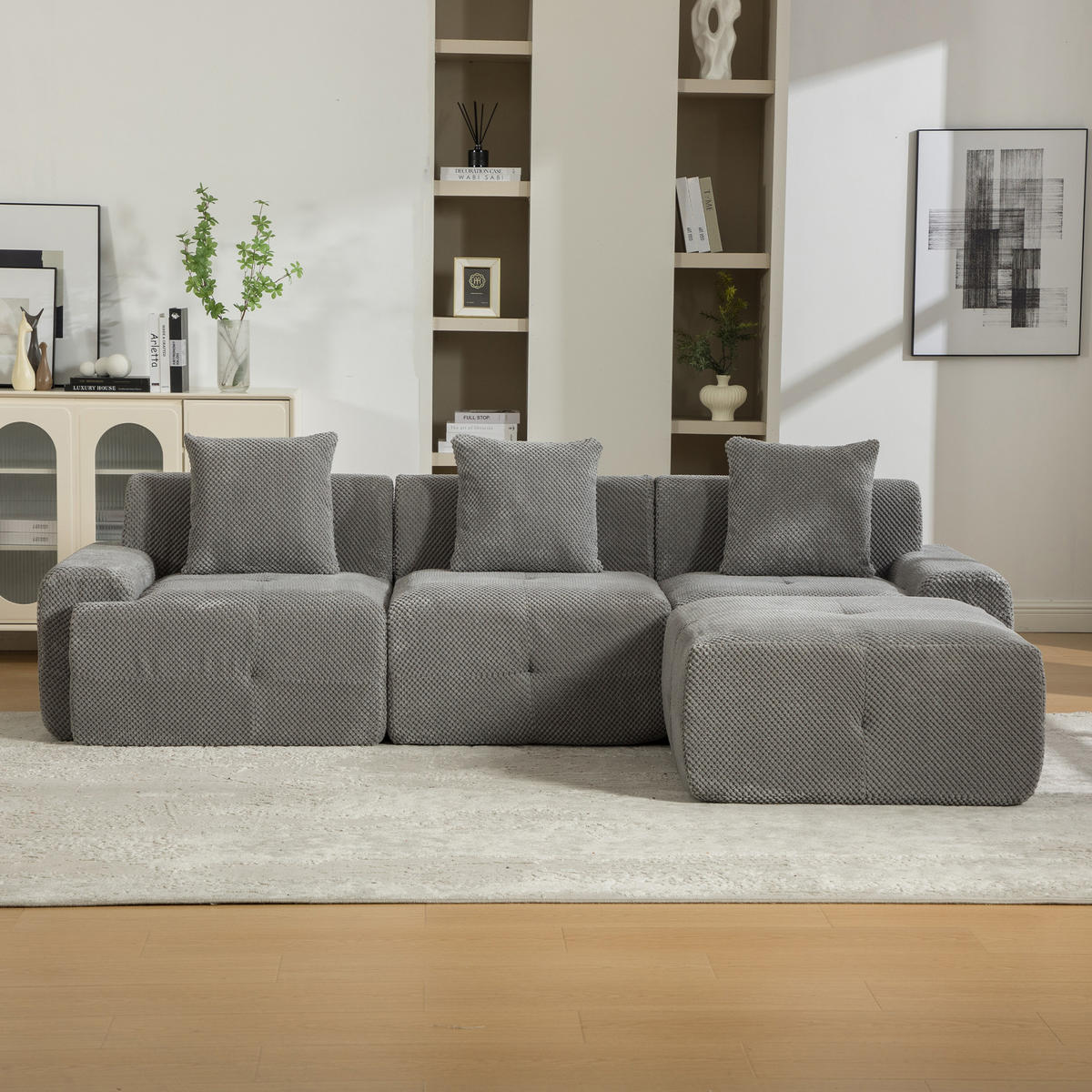 ECKSOFA Chenille Grau mit Kissen - Grau, Textil (266/176cm) - WISHDOR