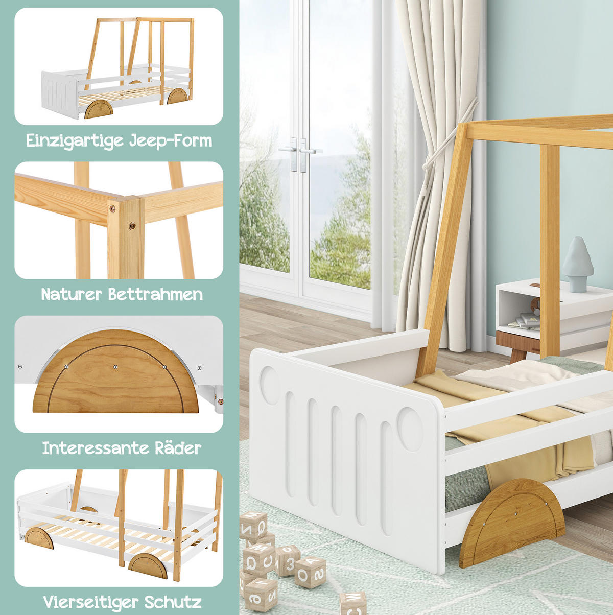 KINDERBETT 90/200 cm in Autoform mit Rundum-Schutz und MDF-Rädern, Weiß/Natur - Weiß, Holz (90/200cm) - Redom