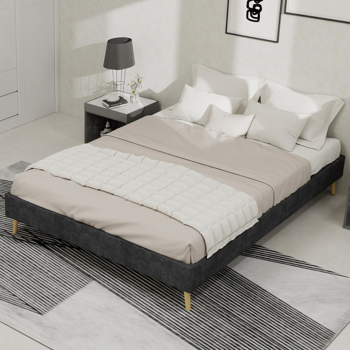 POSTEL 140/200 cm šedá z kovu a dutého sametu s úložným prostorem - šedá, textil (140/200cm) - OKWISH