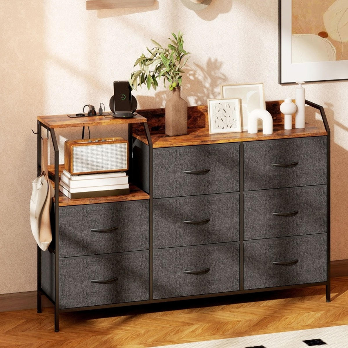 KOMMODE 130.5/30/88 cm Rustikal Braun aus Stoff mit Ladestation - Schwarz, Textil (30/88/130.5cm) - OKMYHOME