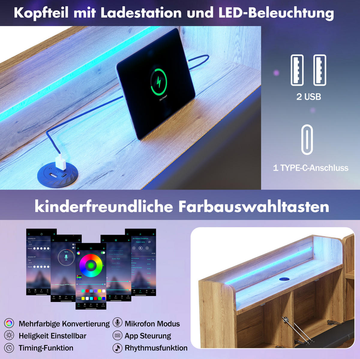 KINDERBETT 90/200 cm aus MDF mit Ausziehbett 90/190 cm, LED, USB-C und Stauraum, Natur - Naturfarben, Holzwerkstoff (90/200cm) - Redom