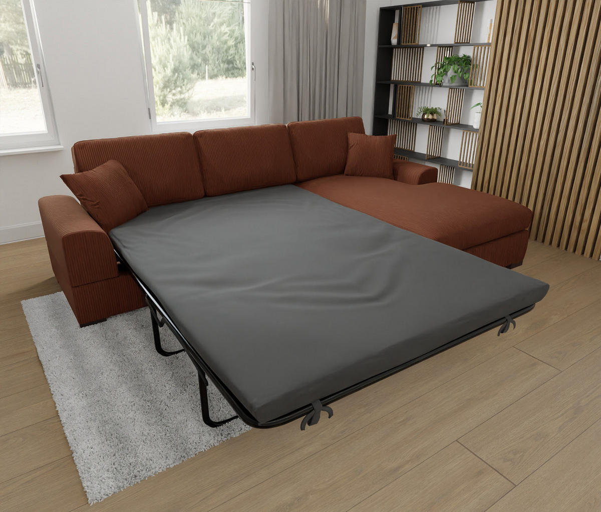 ECKSOFA Saga Terrakotta Cord - Terracotta/Schwarz, Holz/Buchenholz (306/184cm) - S-Style Möbel