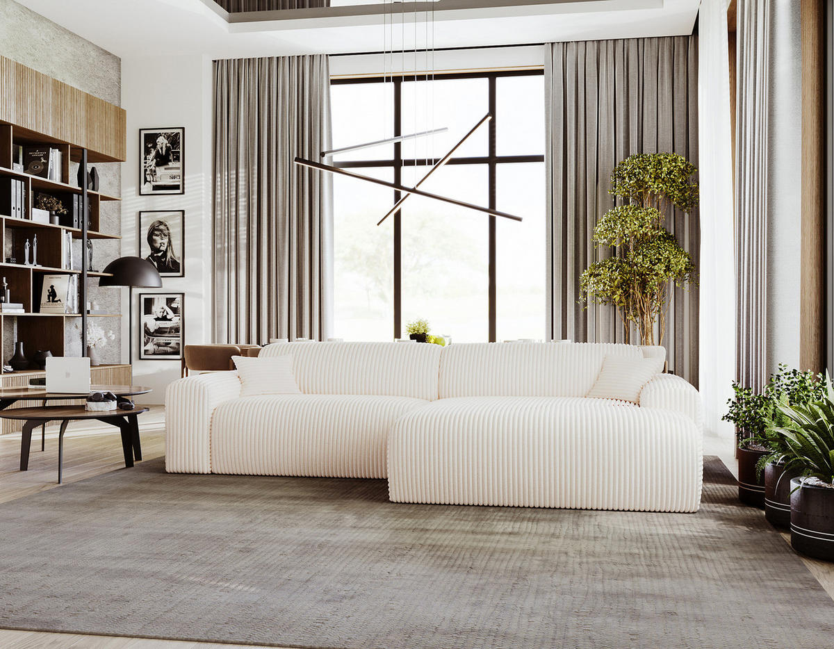 ECKSOFA mit Longchair - Cord - Creme/Schwarz, Kunststoff/Textil (284/178cm) - home24