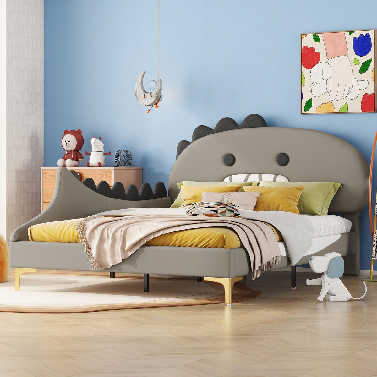 KINDERBETT 140/200 cm aus PU mit Dinosaurier-Kopfteil Grau - Grau, Leder (140/200cm) - Modenvie