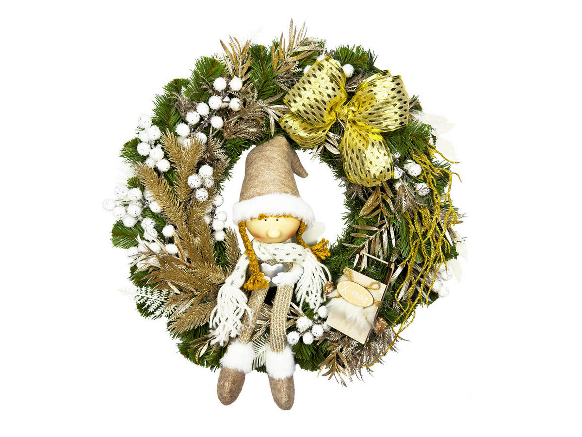 LAALU WEIHNACHTSKRANZ künstlich dekoriert grün CUTE PANEL 45 cm für Tisch und hängen - Beige/Grün, Kunststoff (45cm) - LAALU