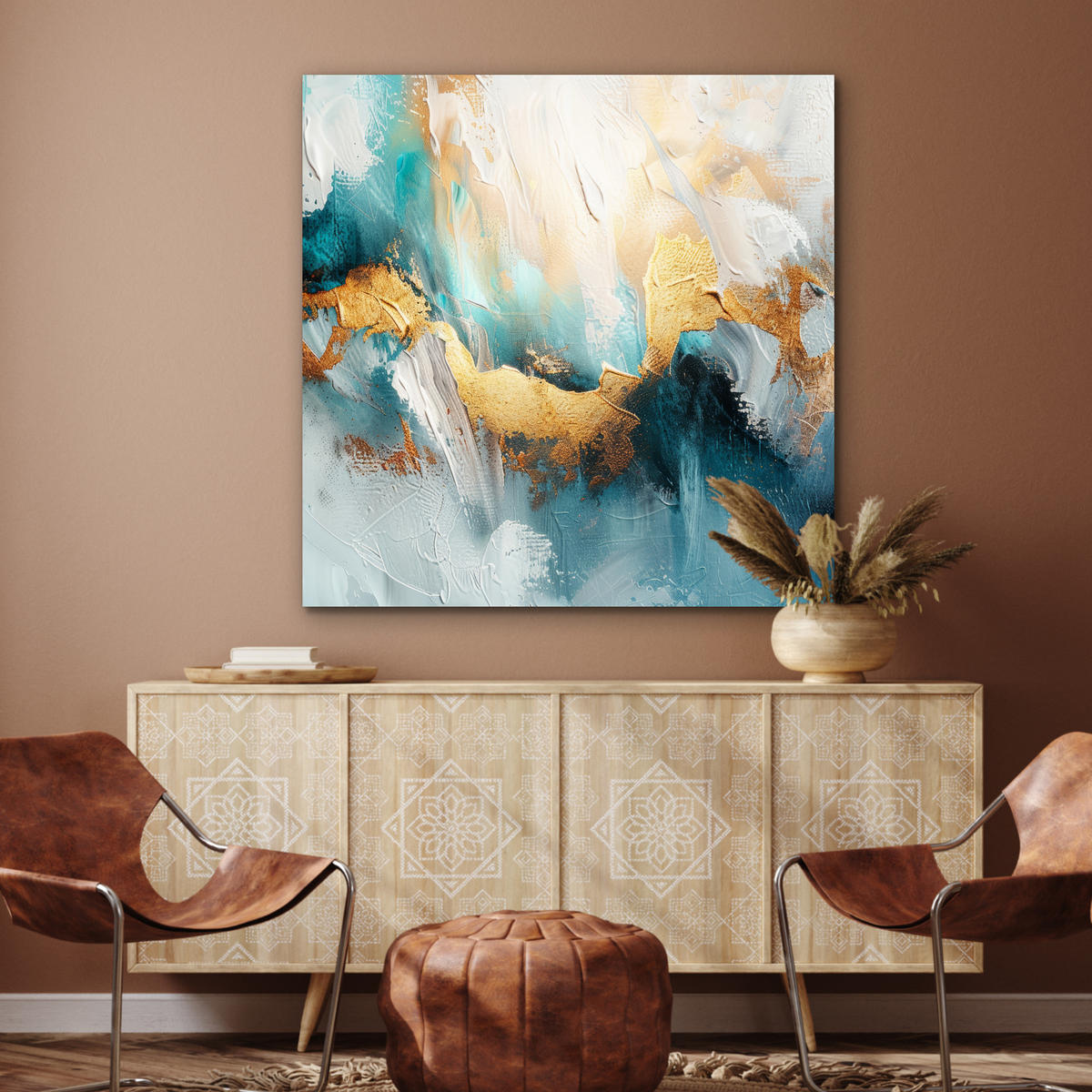 KOVOVÝ OBRAZ Abstraktné - umenie - zlaté - modré 90x90 cm - petrolejová, kov (90/90cm) - MuchoWow