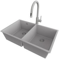 UNTERBAUSPÜLE GRANIT London Twin, 2-er set Grau 76/47 cm 2 Becken + Küchenarmatur 40/20 cm + Ablauf-Set ab 80er Unterschrank - Grau, Kunststoff (76/20/47cm) - Primagran