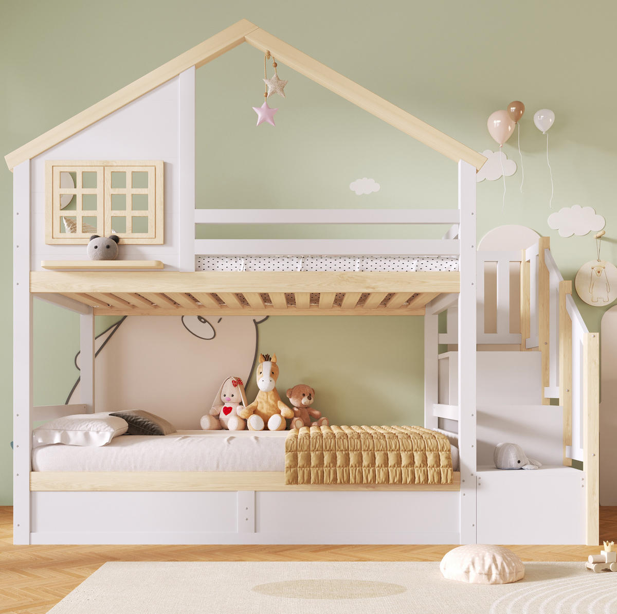 ETAGENBETT 90/200 cm aus Kiefernholz mit Stauraum und Bettgitter, Weiß Natur - Naturfarben, Holz (90/200cm) - OKMYHOME