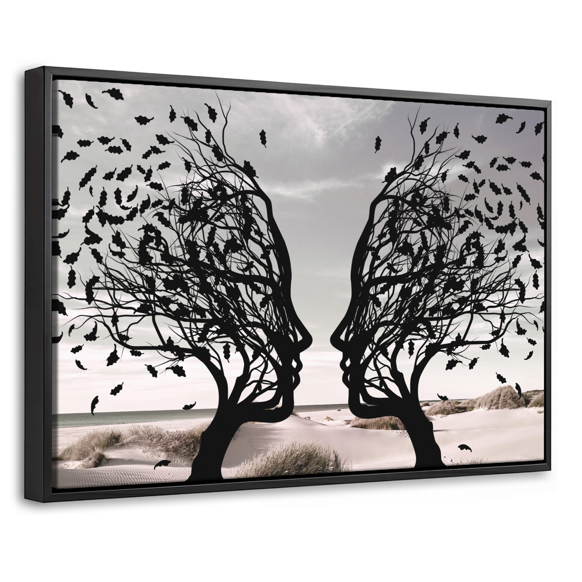 LEINWAND Bilder mit Rahmen - Strand - Meer - Menschen - Baum - Moderne Kunst - 30x20 - Hellgrau, Textil (30/20cm) - MuchoWow
