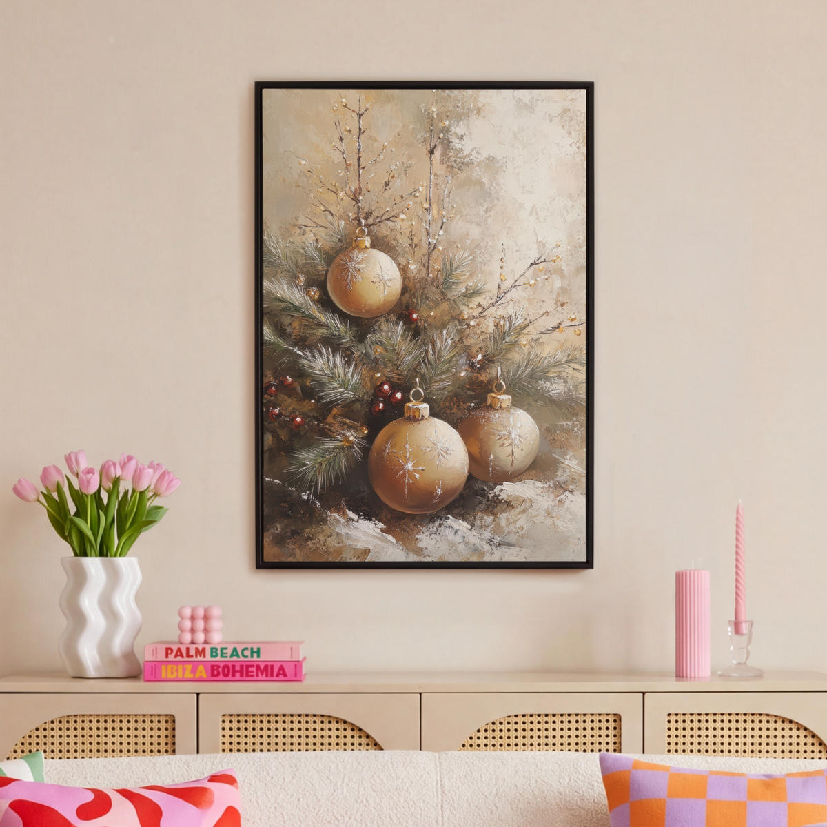 LEINWAND Bilder mit Rahmen - Weihnachten - Kugeln - Beige - Gold - 60x90 - Goldfarben, Textil (60/90cm) - MuchoWow