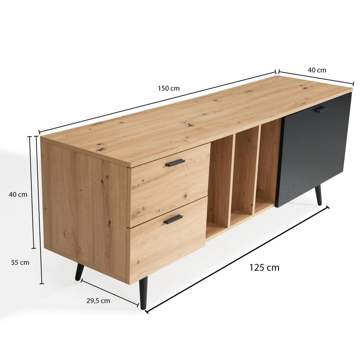 TV-LOWBOARD mit Eiche-Dekor, Tür und Schubladen, kompakte Aufteilung, Braun-Schwarz 150x40x55 cm - Schwarz/Braun, Holzwerkstoff/Metall (150/55/40cm) - KADIMA DESIGN