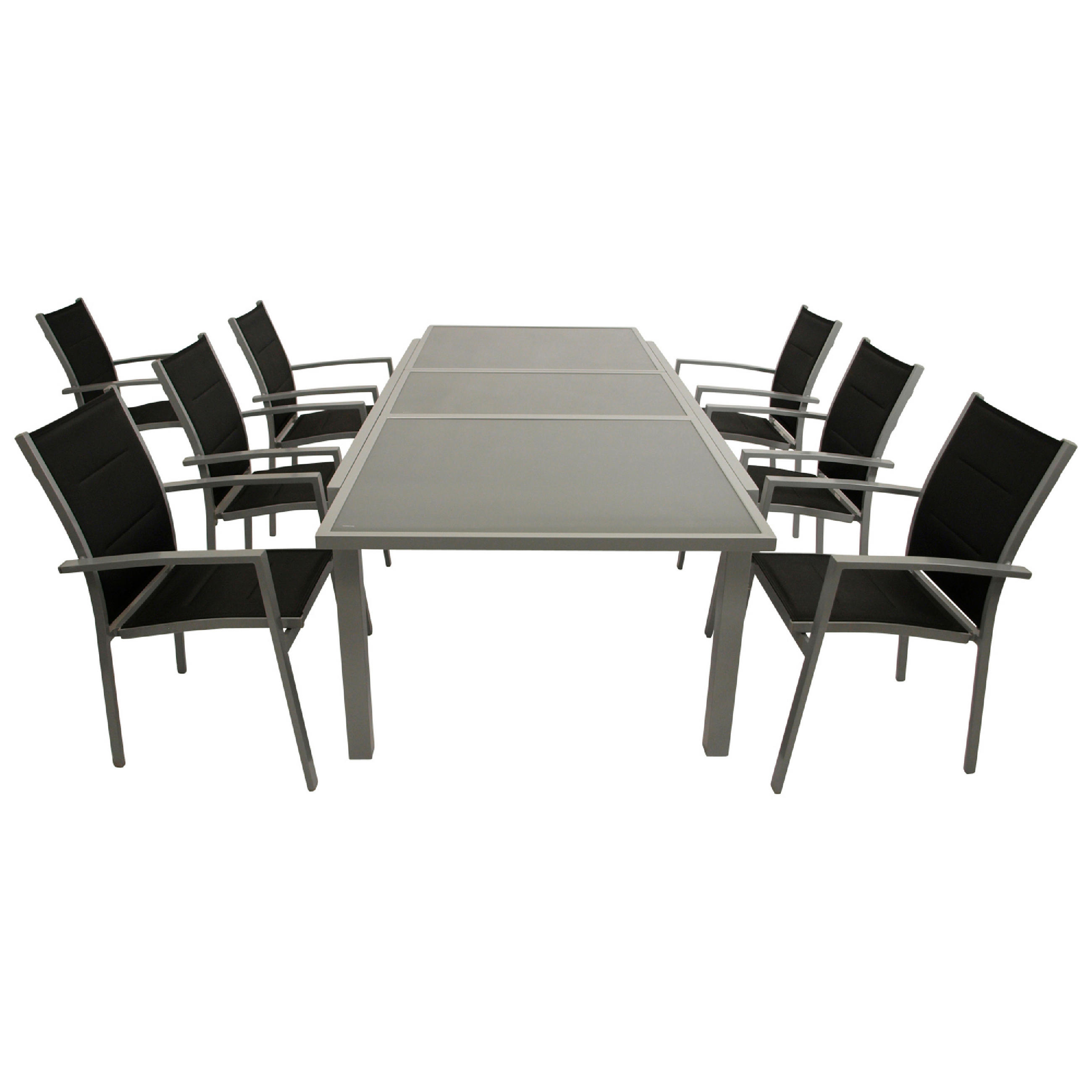 GARTEN-GARNITUR Ashford - 7-teilige Garten-Essgruppe (6x Stapelsessel mit Aluminiumgestell, Bespannung Textillehne schwarz, Ausziehtisch - Schwarz, Metall - TPFGarden