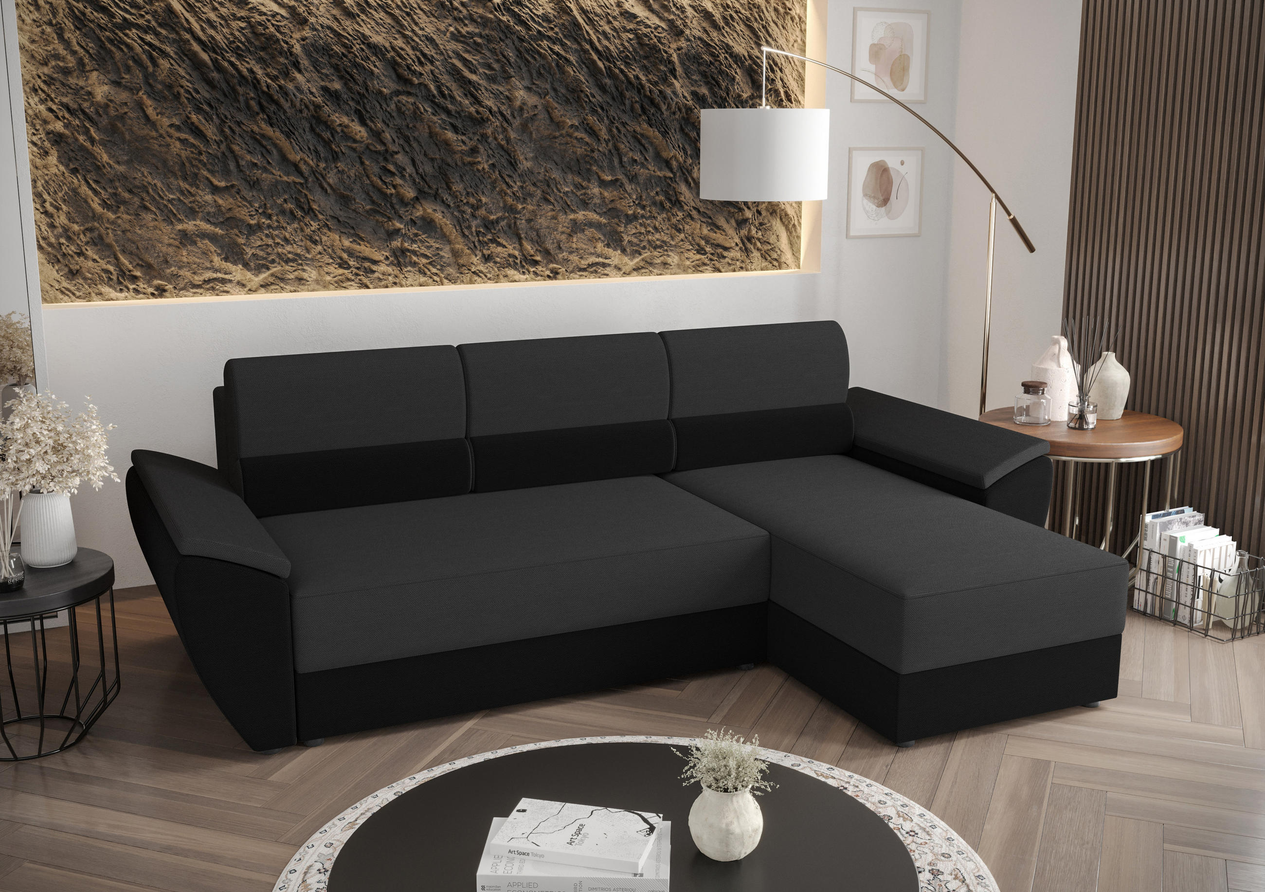ECKSOFA L REBI L2 Rainbow 27/15 Rechts mit Schlaffunktion, Grau/Schwarz, L-Form - Schwarz/Grau, Textil (251/140cm)