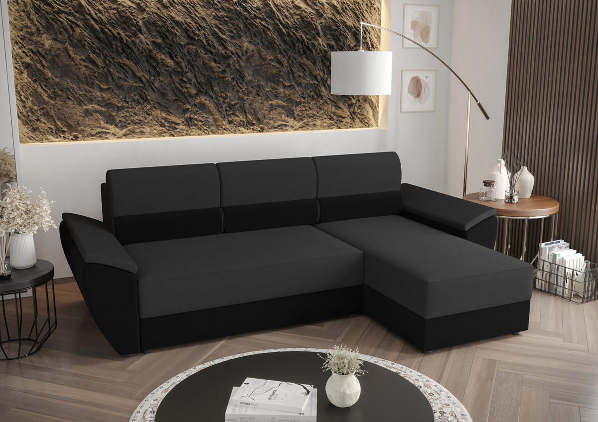 ECKSOFA L REBI L2 Rainbow 27/15 Rechts mit Schlaffunktion, Grau/Schwarz, L-Form - Schwarz/Grau, Textil (251/140cm)