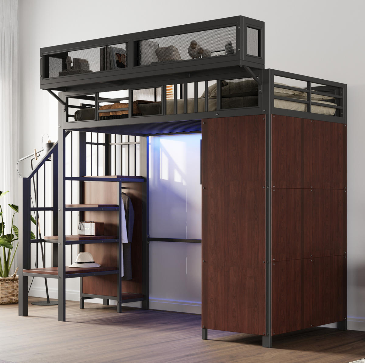 HOCHBETT 90/200 cm in Schwarz – mit Kleiderschrank, Stauraumleiter und LED - Schwarz, Metall (90/200cm) - BEAOK