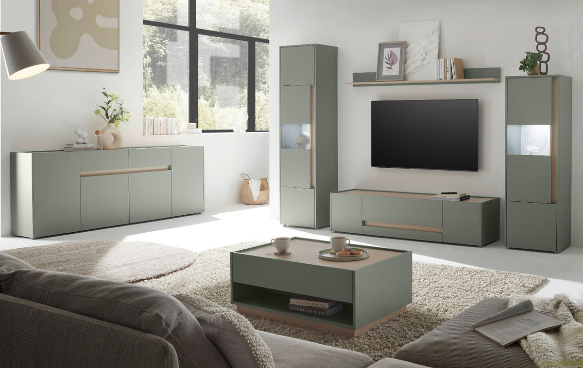 TV-LOWBOARD in Salbei grün, Barista Eiche 170 cm, TV Unterteil mit Doppel-Schubkasten - Salbeigrün/Eichefarben, Holzwerkstoff/Kunststoff (170/40/45cm) - Furn.Design