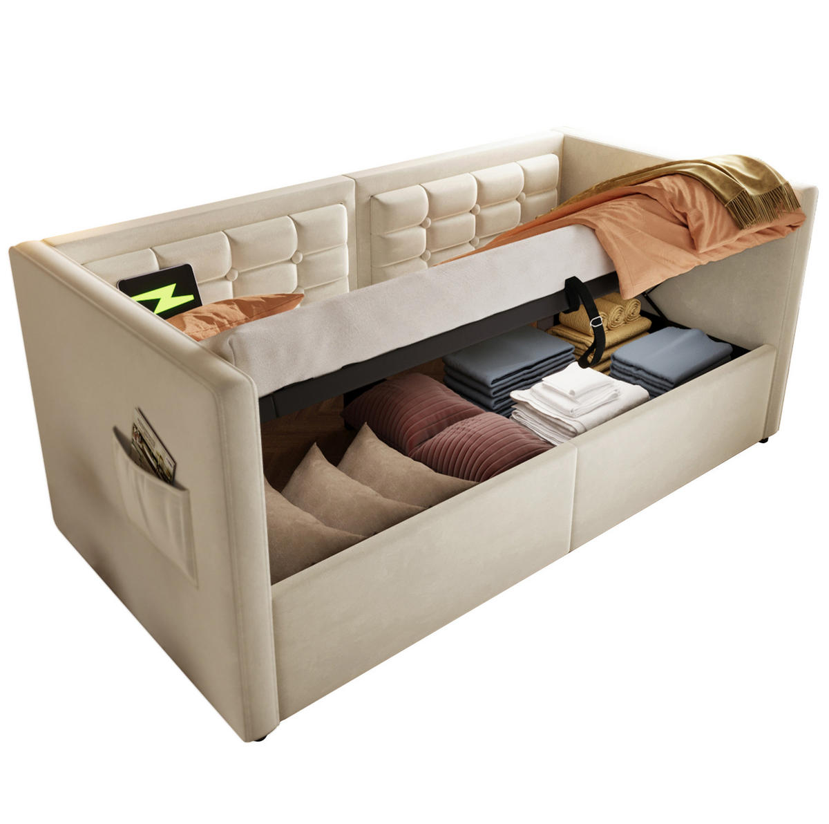 BETT 90/200 cm Beige mit hydraulischem Stauraum und USB- und Type-C-Anschlüssen - Beige, Textil (90/200cm) - OKWISH