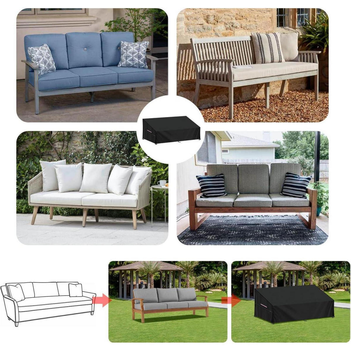 GARTENSOFA Abdeckung 205x85x80/40cm Wasserdicht Winddicht - Schwarz, Textil (85/80/205cm)