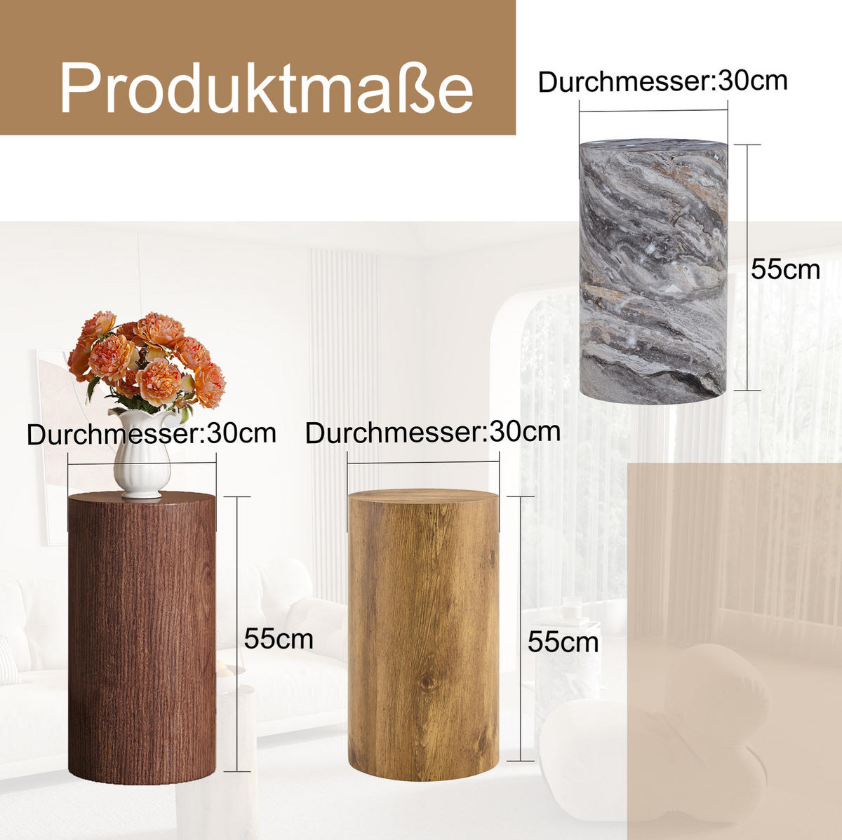 COUCHTISCH 30 cm Holzoptik aus MDF mit runder Form - Naturfarben, Holzwerkstoff (30/30/55cm) - OKMYHOME