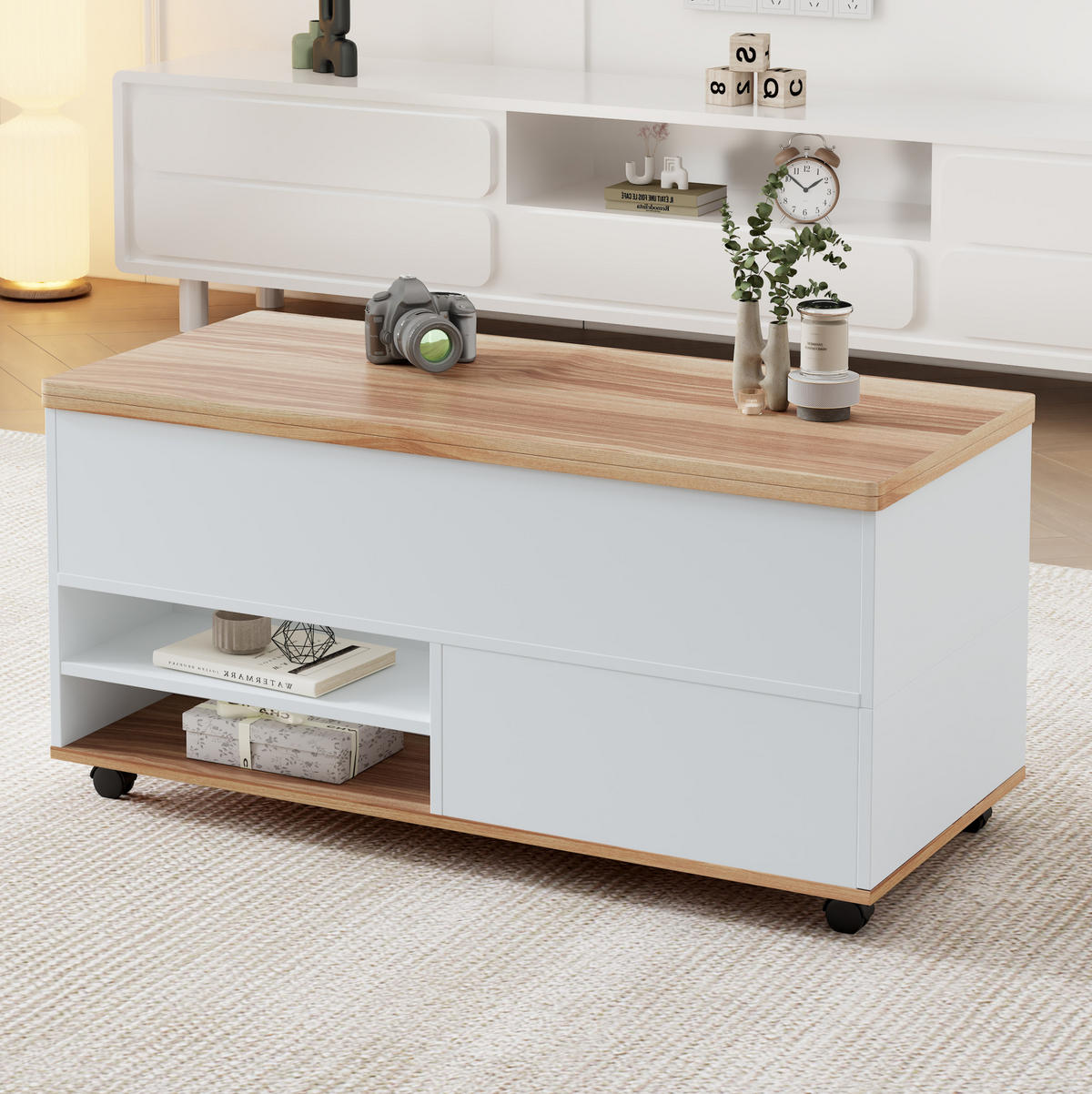 COUCHTISCH 100/98/65 cm höhenverstellbar mit Stauraum und Rollen - Weiß, Holzwerkstoff (100/98/65cm) - Flora Grace