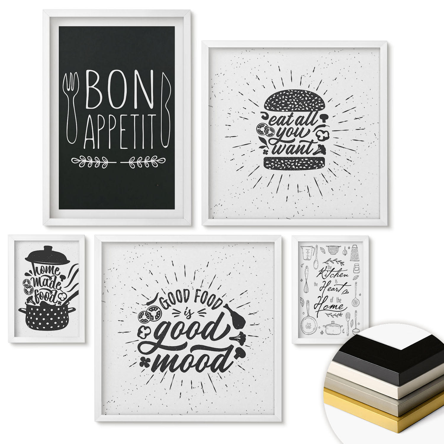 WANDBILDER 5er-Set - 50x50 cm & 20x30 cm & 40x60 cm Weißer Rahmen - Grafiken, Lebensmittel, kulinarische Slogans - Weiß, Kunststoff (40/60cm) - ArtPrintCave