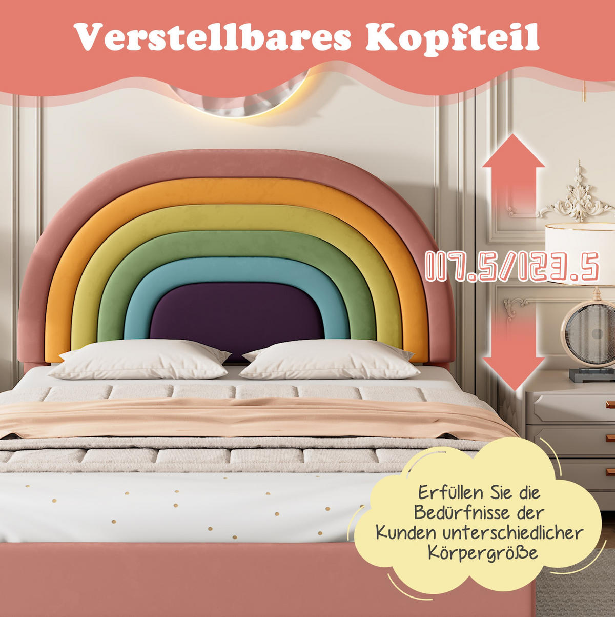 SAMT-POLSTERBETT 140/200 cm in Rosa mit Lattenrost und höhenverstellbarem Kopfteil - Rosa, Textil (140/200cm) - BEAOK