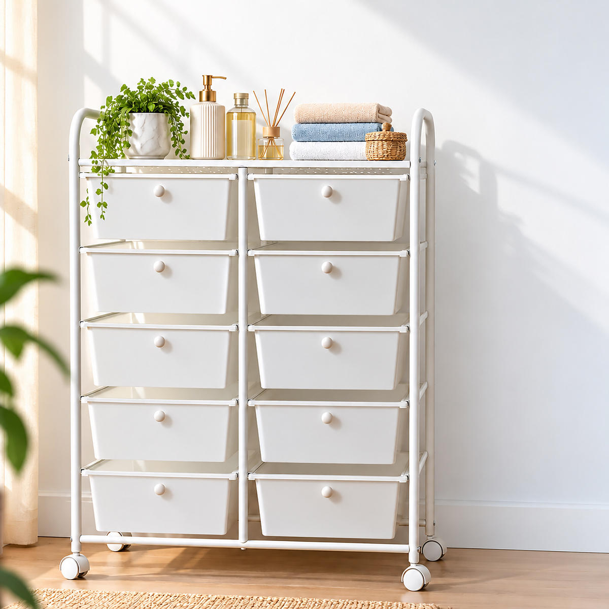 VOZÍK Bílý 10 zásuvek kov plast 96/65/38 cm - bílá, kov/plast (65/96/38cm) - Relaxdays