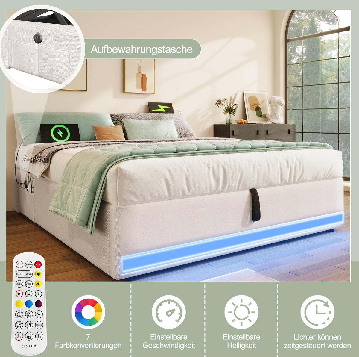 ČALÚNENÁ posteľ z ľanu a MDF 140x200 cm béžová s LED osvetlením, USB a USB-C, hydraulickým úložným priestorom - béžová, textil (140/200cm) - Modfu