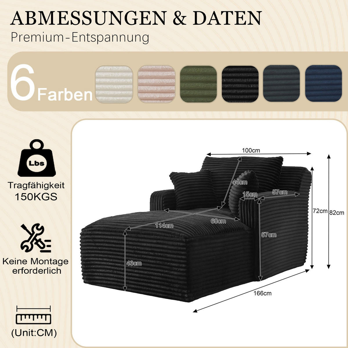RELAXSESSEL aus Cord Modulare Chaiselongue & ohne Montage - Schwarz, Textil (33/127/33cm) - Urban Meuble