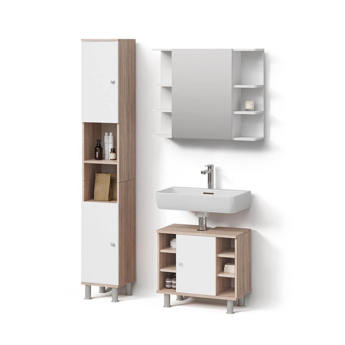 BADMÖBEL-SET Fucino Sonoma 3 Teile, mit Hochschrank - Weiß/Sonoma Eiche, Holzwerkstoff (60/54/32cm) - Livinity®