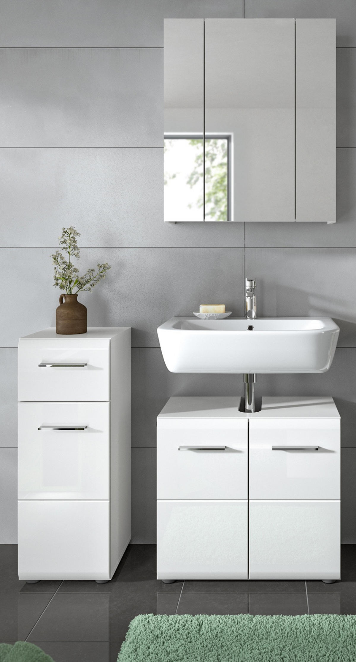 BADMÖBEL-SET 3-teilig weiß Hochglanz, Badkombination 105 x 185 cm - Weiß Hochglanz/Silberfarben, Glas/Holzwerkstoff (105/185/30cm) - Inn.Furn