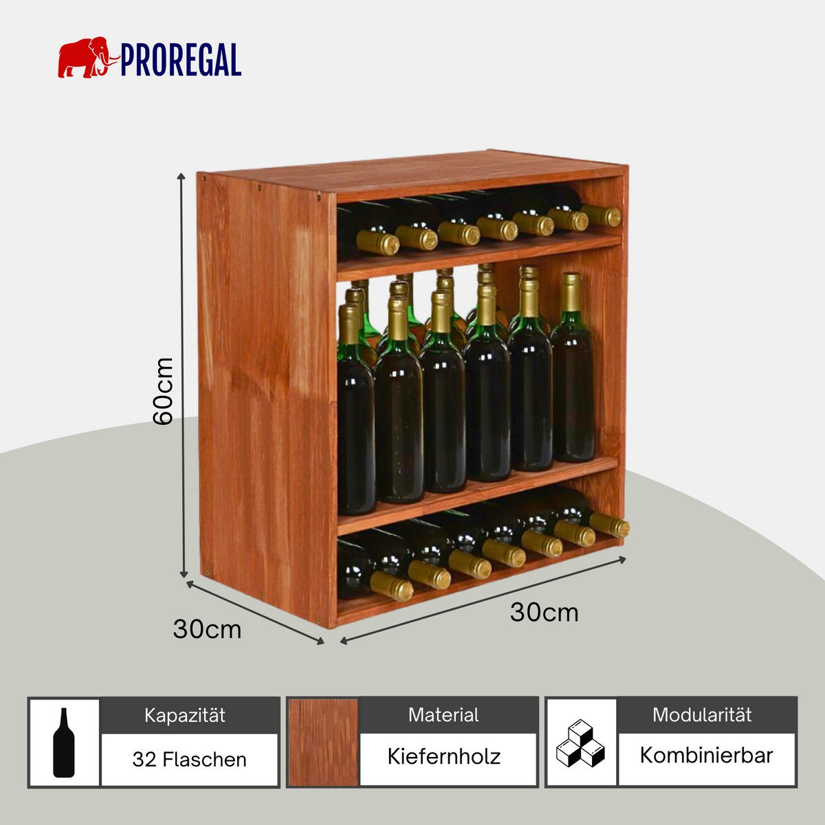 WEINREGAL Vincellar Mod 60x60x30 cm Standflaschen Modul Für 32 Flaschen Massives Kiefernholz Braun Geölt - Braun, Holz (60/60/30cm) - PROREGAL