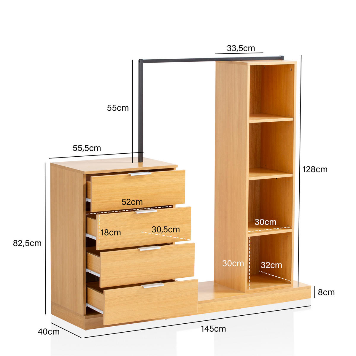 GARDEROBE Eiche-Dekor 145x136x40cm mit Regal und Kommode - Eichefarben/Braun, Holzwerkstoff (145/136/40cm) - KADIMA DESIGN