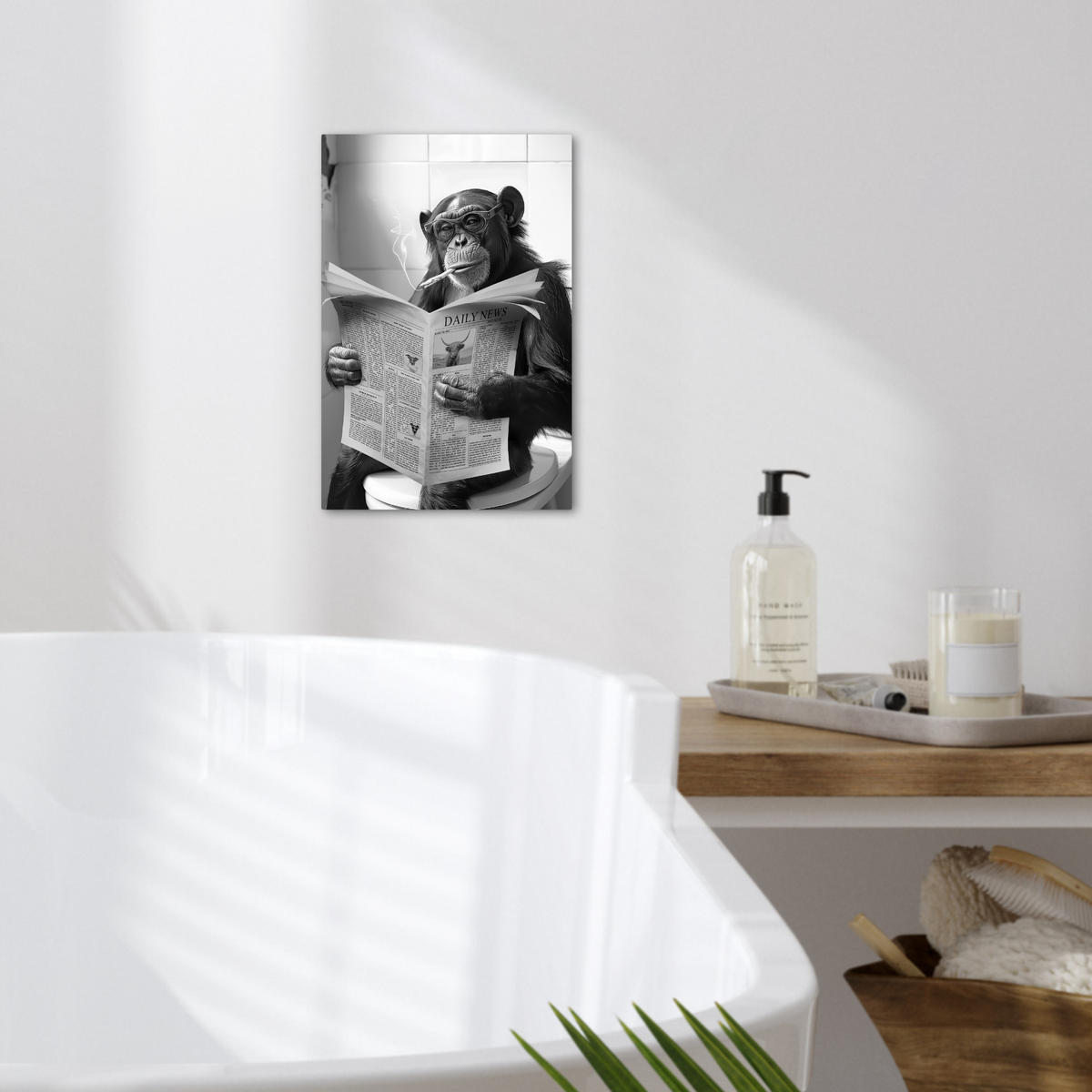 LEINWANDBILD Affe - WC - Zeitung - Schwarz-Weiß - Humor 20x30 cm - Hellgrau, Textil (20/30cm) - MuchoWow
