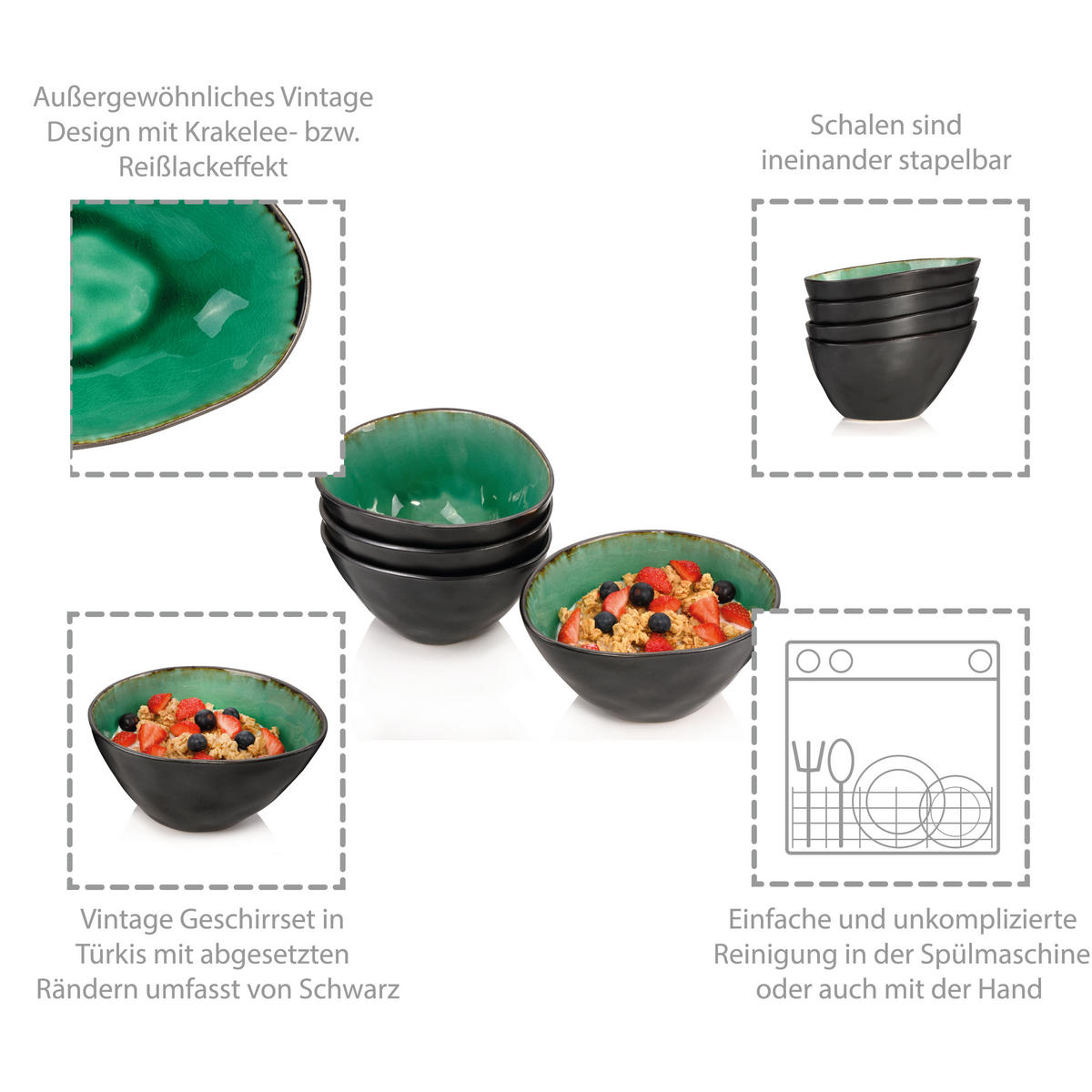 MÜSLISCHALEN SET PALM BEACH - 4 teilig aus Steingut - Grün, Keramik (16cm) - Sänger