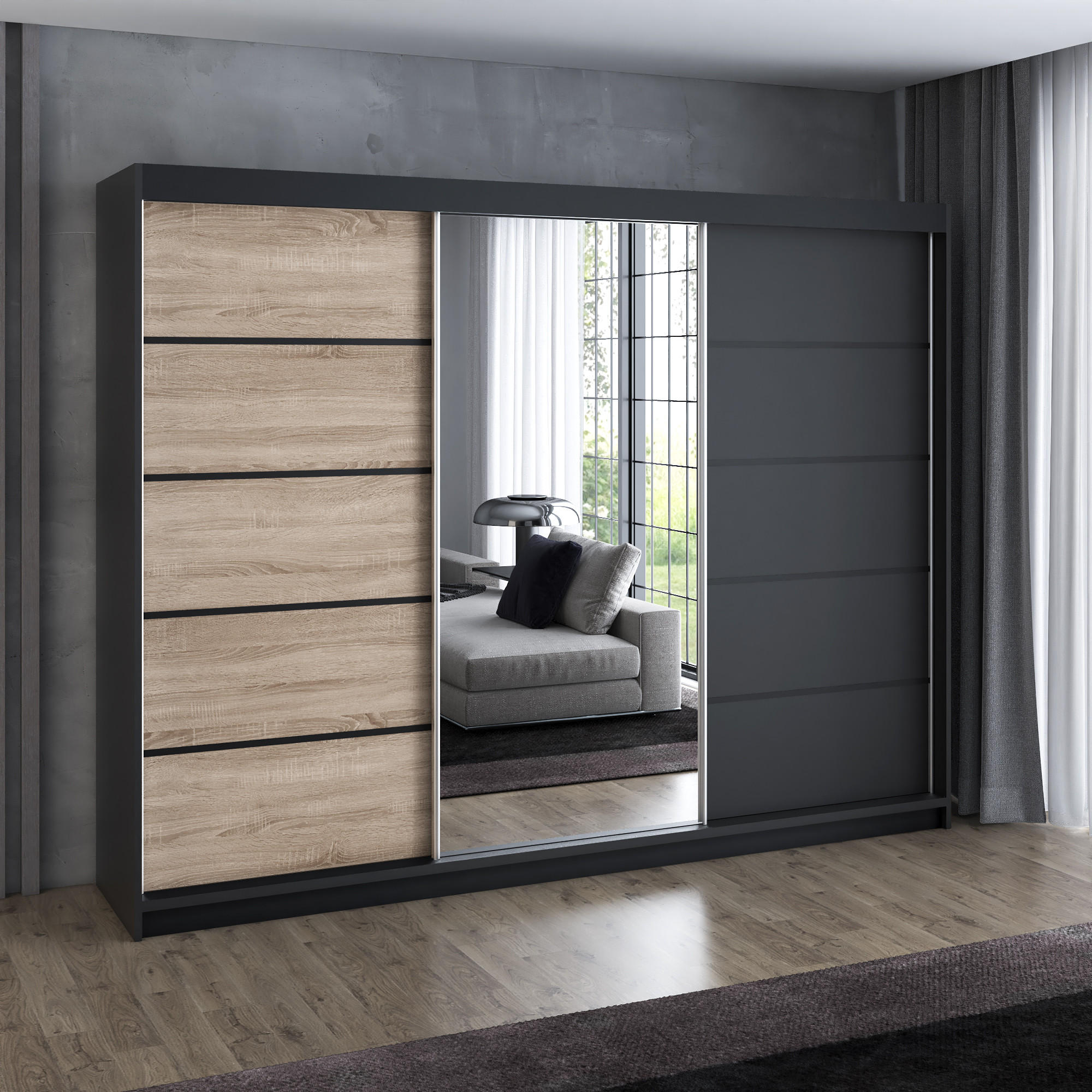 SCHWEBETÜRENSCHRANK 200 cm VILANO 2 Farbe: Schwarz, Sonoma, Schwarz - Schwarz/Braun, Holzwerkstoff (200/215/59.5cm) - A&J MöbelLand