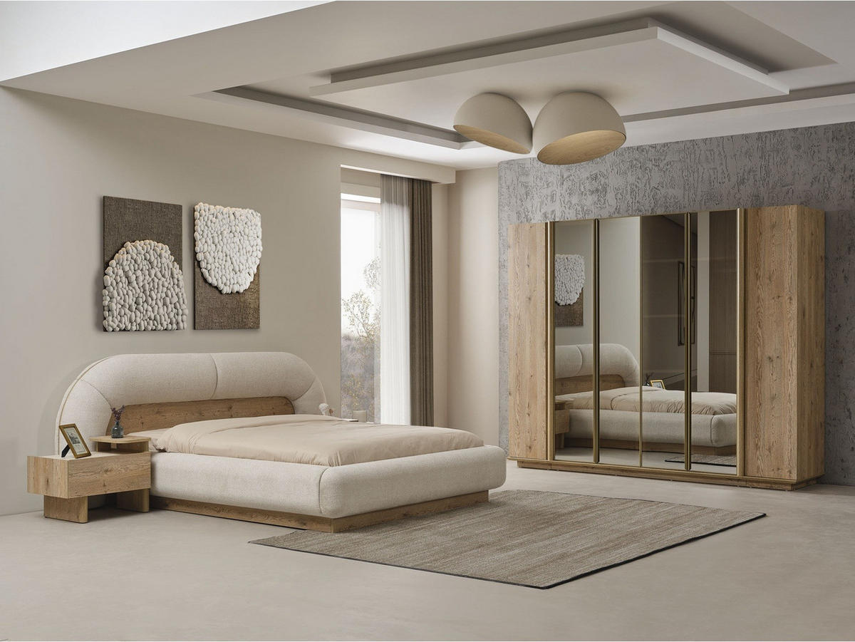 BETTANLAGE ANKA Schlafzimmer-Set, 4-teilig, Eiche, Bett mit Kopfteil, 2 Nachttische und Kleiderschrank - Eichefarben, Holzwerkstoff (160/200cm)