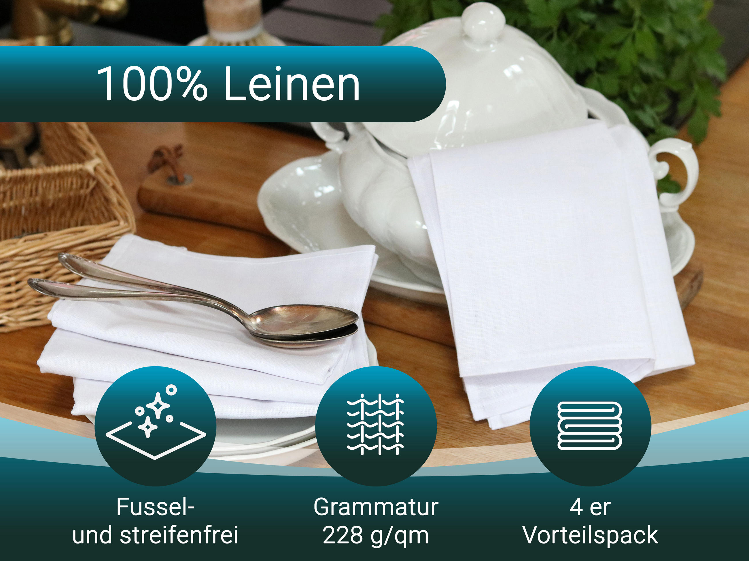 GESCHIRRTÜCHER, 4er-Set, 50x70 cm, 100% Leinen, Weiß - Weiß, Textil (50/70cm) - Zollner