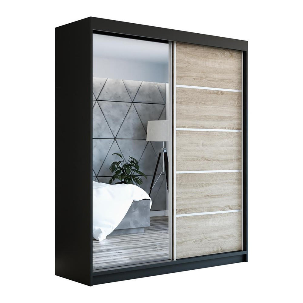 SCHWEBETÜRENSCHRANK 180 CM BERLIN Farbe: Schwarz , sonoma - Schwarz/Braun, Holzwerkstoff (180/215/59.5cm) - A&J MöbelLand