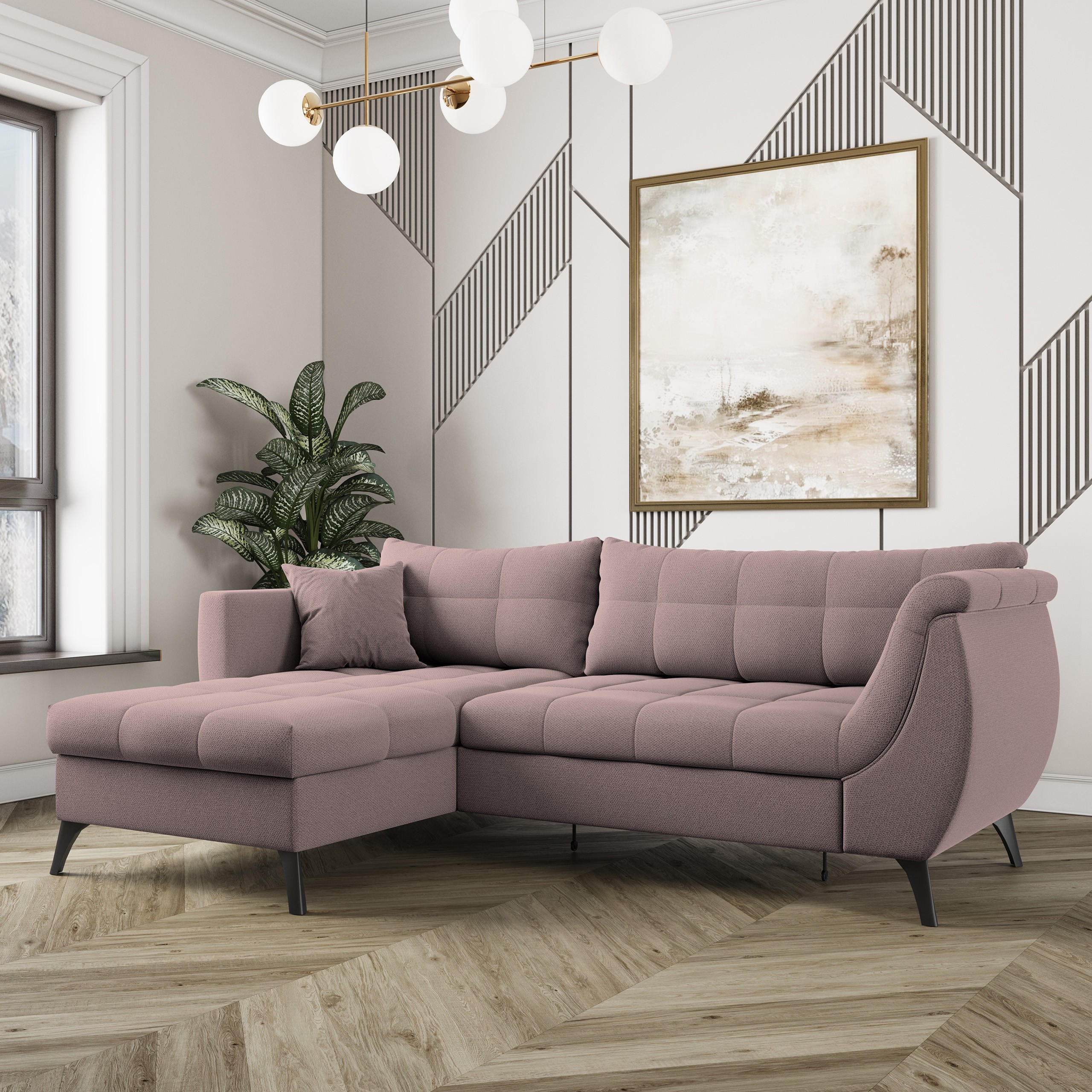ECKSOFA MOLLIS Rosa Geflochtener-Stoff mit Schlaffunktion - Rosa, Holz (241/154cm) - MASSENO
