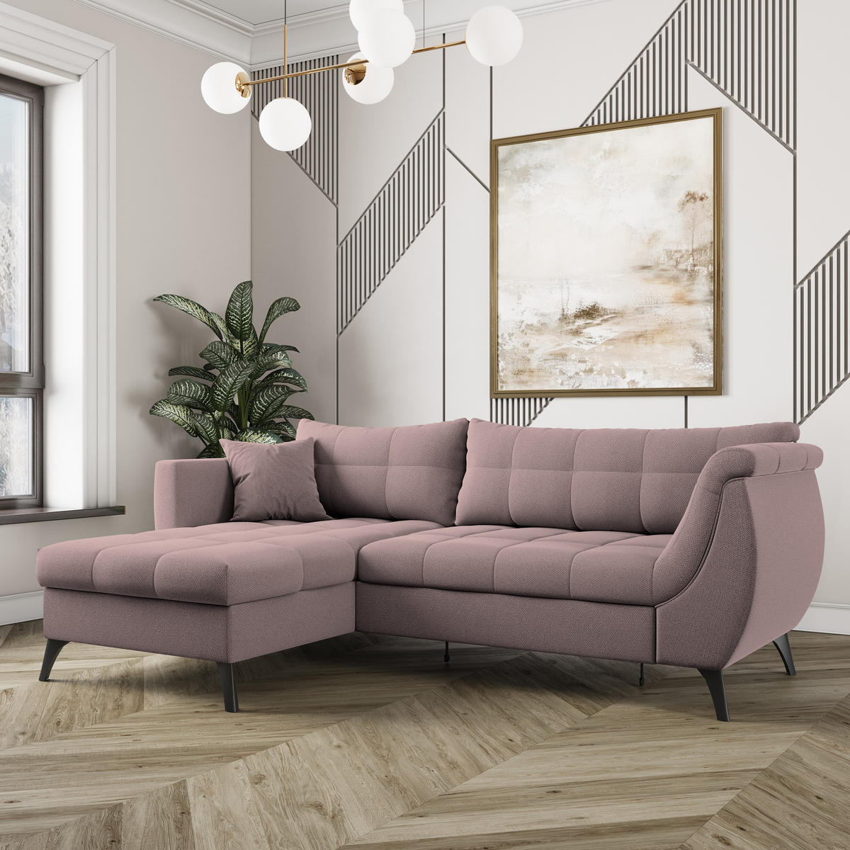 ECKSOFA MOLLIS Rosa Geflochtener-Stoff mit Schlaffunktion - Rosa, Holz (241/154cm) - MASSENO