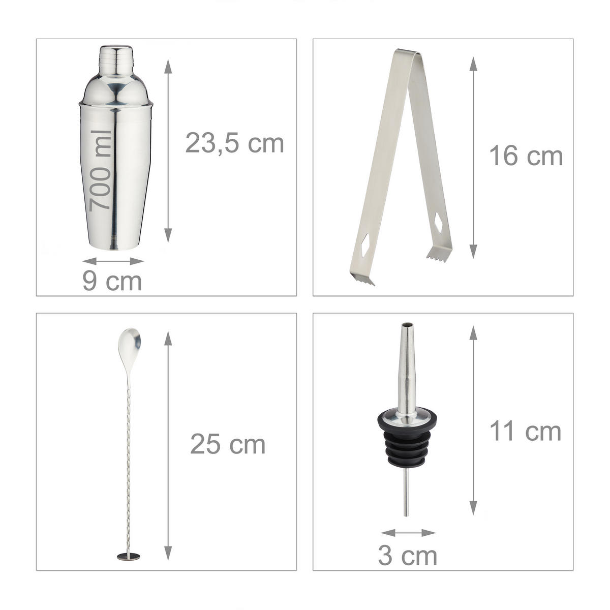 KOKTAILOVÁ súprava - strieborná, kov/drevo (32/26/10.5cm) - Relaxdays