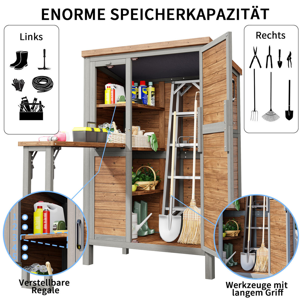 GARTENSCHRANK Tannenholz mit ausklappbarer Arbeitsplatte - Braun, Holz (46/160/86cm) - ComfortXL