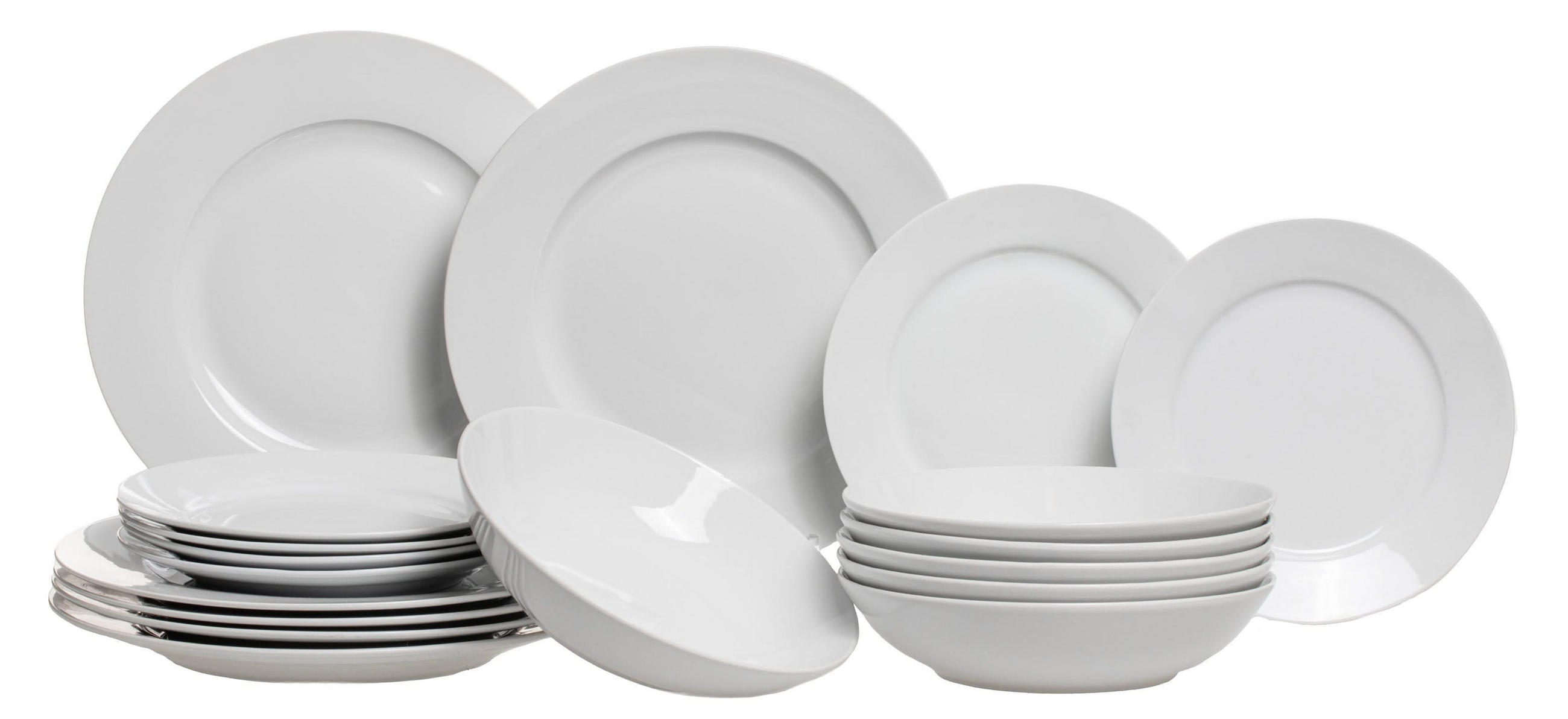 GESCHIRRSET18-TEILIG GESCHIRRSETWeiß - 18-teilig / 6 Personen - 6 Speiseteller, 6 SUPPENTELLER und 6 FRÜHSTÜCKTELLER - Weiß, Keramik (2/2/1cm) - Studio Tavola